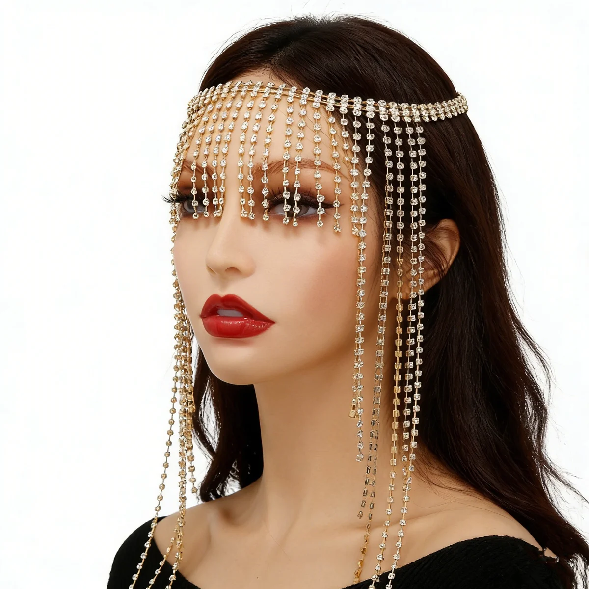 Flash Long Tassel Hair Chain Rhinestone Head Chain for Women Nightclub Crystal Headband Hat Bridal Headpiece Jewelry