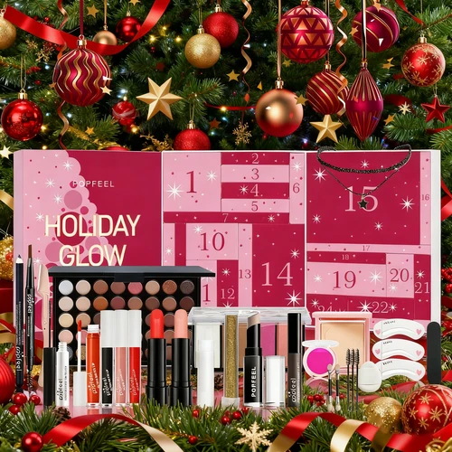 Caja de regalo de cuenta regresiva navideña, juego de maquillaje con sombra de ojos en tonos tierra, brillo de labios, lápiz labial, perfecto para principiantes, regalos de cumpleaños