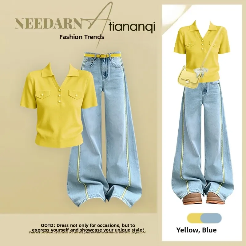 Summer 2026 Slimming Effect Loose Fit Short Sleeve T-Shirt And Straight Leg Jeans Two Piece Set Thin Cotton Casual Wear