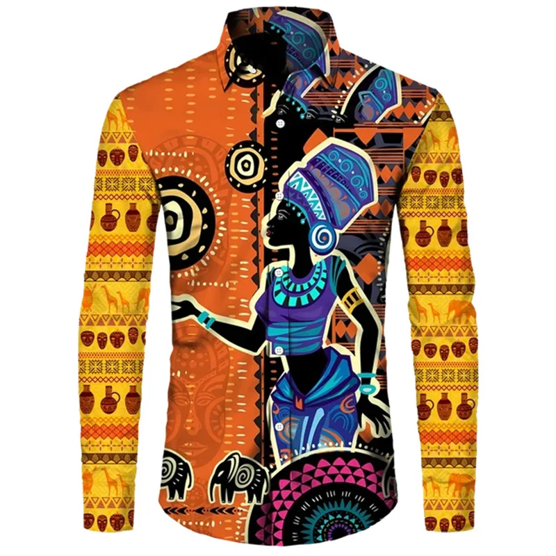 Colorful African Pattern Hawaiian Shirts For Men Retro Ethnic 3D Printed Blouse Casual Loose Aloha Shirts Long Sleeves Tops
