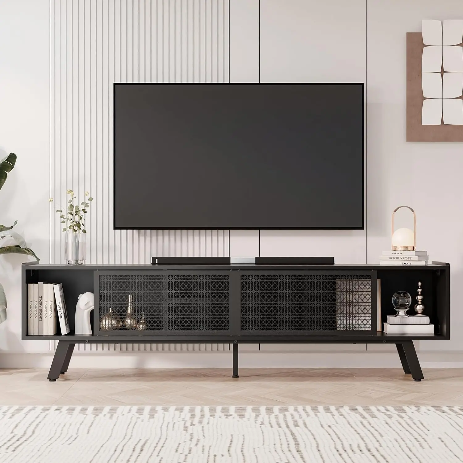 Mid Century TV Stand 80" Iron Rattan Entertainment Center Sliding Door Media Console Adjustable Shelves 2 Cabinets, Customized