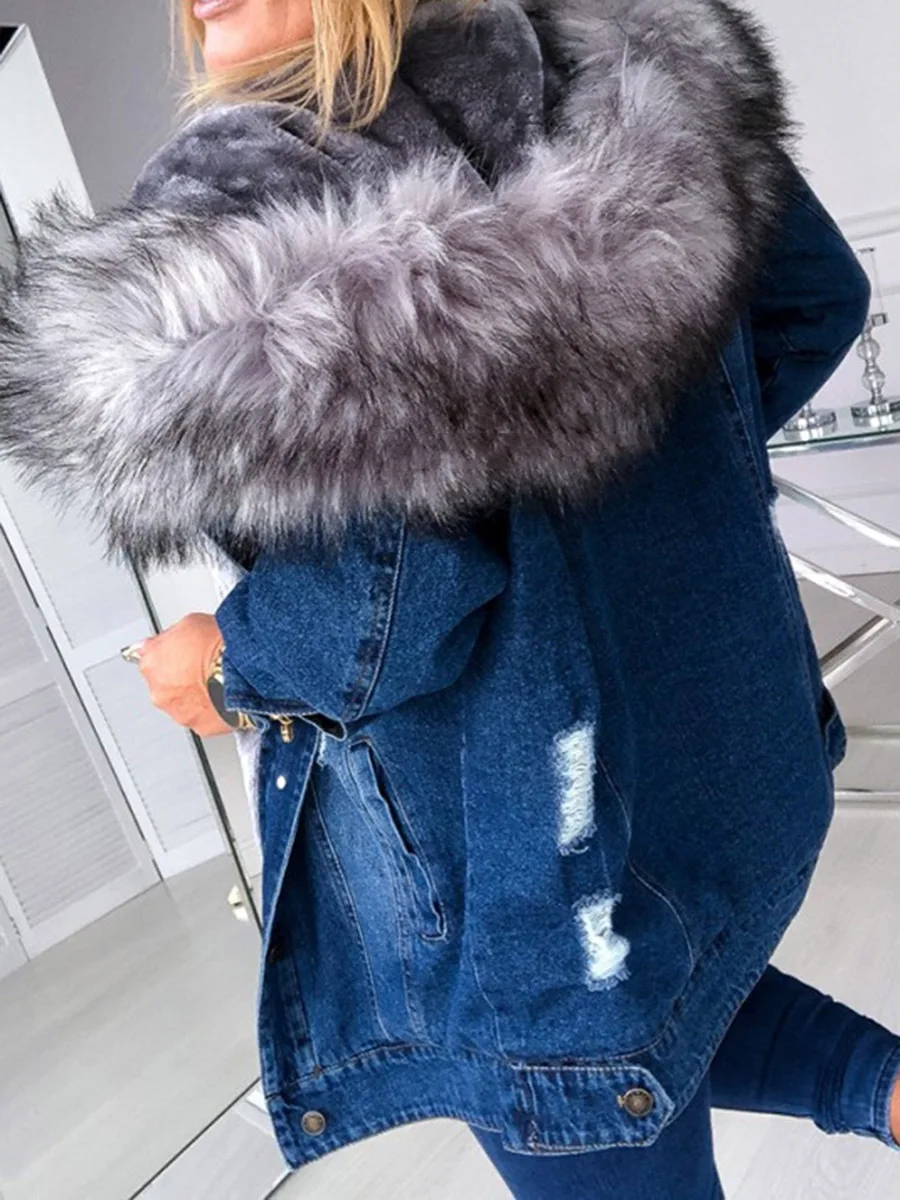 Women's Denim Jacket Warm Faux Fur Oversized Outerwear Hooded Female Clothing For Autumn Winter Button Down Long Sleeve Coat