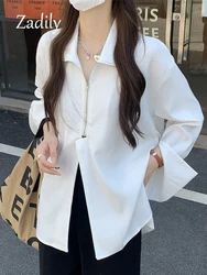 2024 Autumn Streetwear Long Sleeve White Shirt and Blouse Women Minimalist Zipper Oversize Ladies Shirts Female Clothing Y2K Top