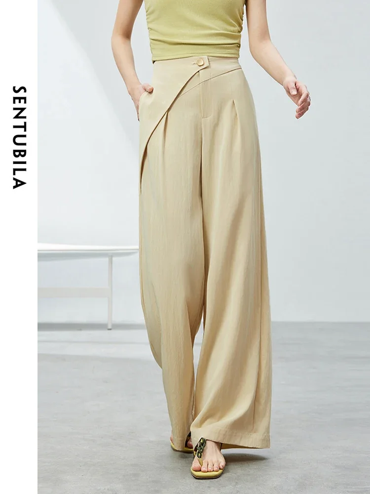 

SENTUBILA Women Casual Baggy Pants 2024 Summer Asymmetrical Elastic High Waist Loose Wide Leg Pant Female Trousers 142K54324