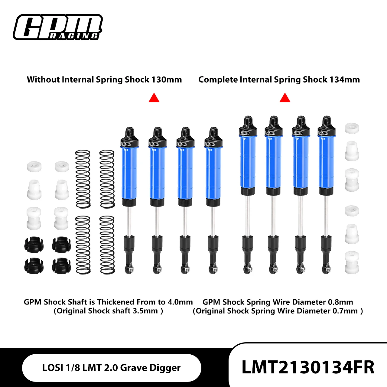 GPM LOSI 1/8 LMT 2.0 LOS04028 Alloy（Front &Rear）Complete Internal Spring Shock 130&134mm
