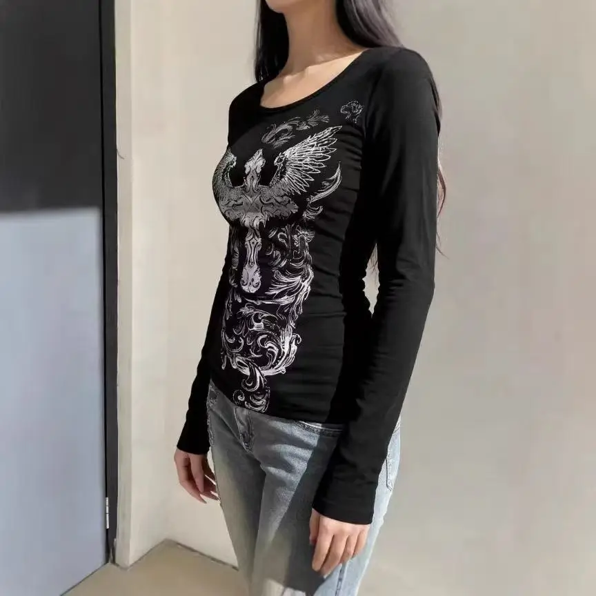 Dark Gothic Style Personality Print Short-sleeved T-shirt Summer Foreign Trade New Slim Round Collar Jumper Casual Blouse Women