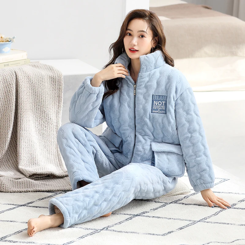 High Quality Women Clothing Winter Three Layer Clip Cotton Pijama Female Thick Sleepwear