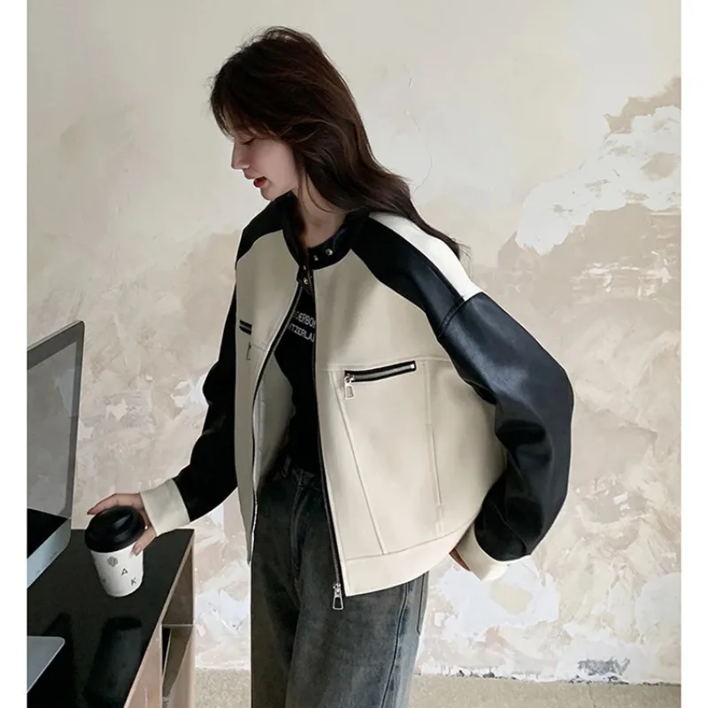 Women Clothing Spring Autumn Korean Fashion Zipper Color Blocking All-match Cardigan Long Sleeve Appear Thin Leather Jacket Coat