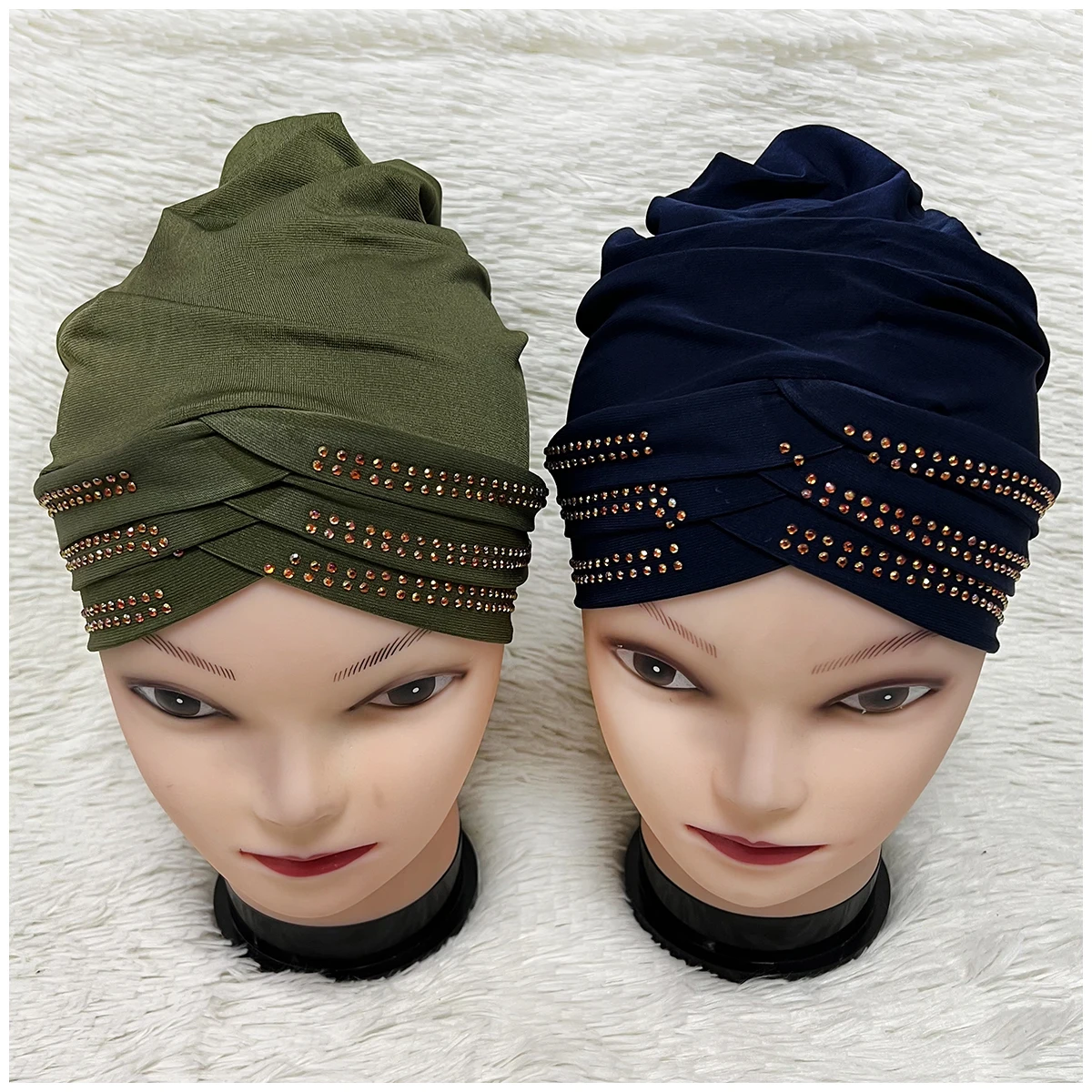 Turbante musulmán para mujer, gorro de terciopelo con diamantes de imitación, sólido, indio, 6/12 piezas