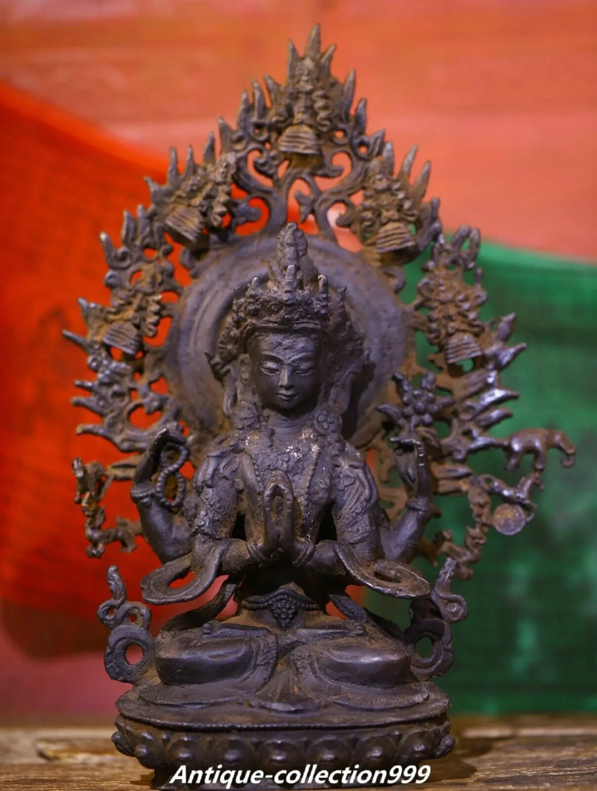 12'' Tibet Buddhism Pure Bronze 4 arms Chenrezig Avalokiteshvara Buddha Statue