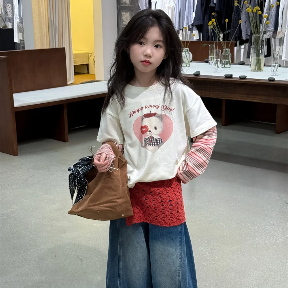 Fake Two-piece Grils Children Shirt Cartoon Autumn New Love Sweet Cute Long Sleeves Fashionable Soft Comfortable