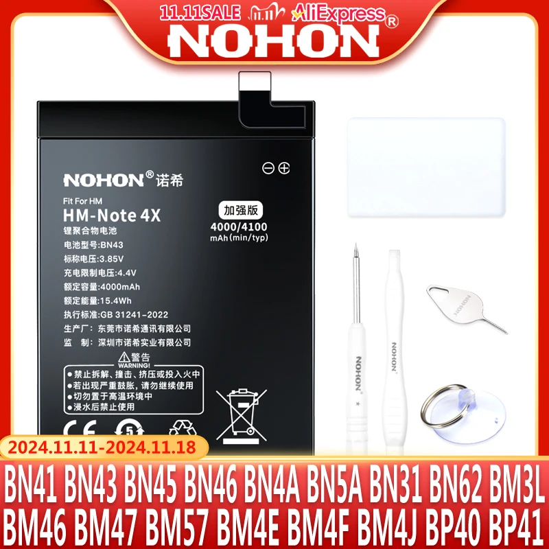 NOHON Battery For Xiaomi Redmi Note 8 Pro 7 9 10 8T 5 5A 4 4X 3 Mi 9T Pro BN41 BN4A BN46 BN45 BM4J BM3L BM4E Replacement Bateria