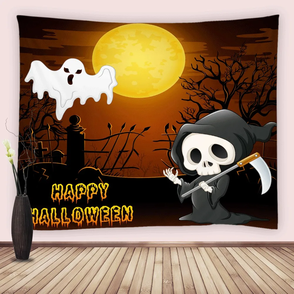 Halloween Skull Grim Reaper Tapestry Large Wall Hanging Cloth Spooky Ghosts Pumpkin Full Moon Tapestries Art Living Room Decor