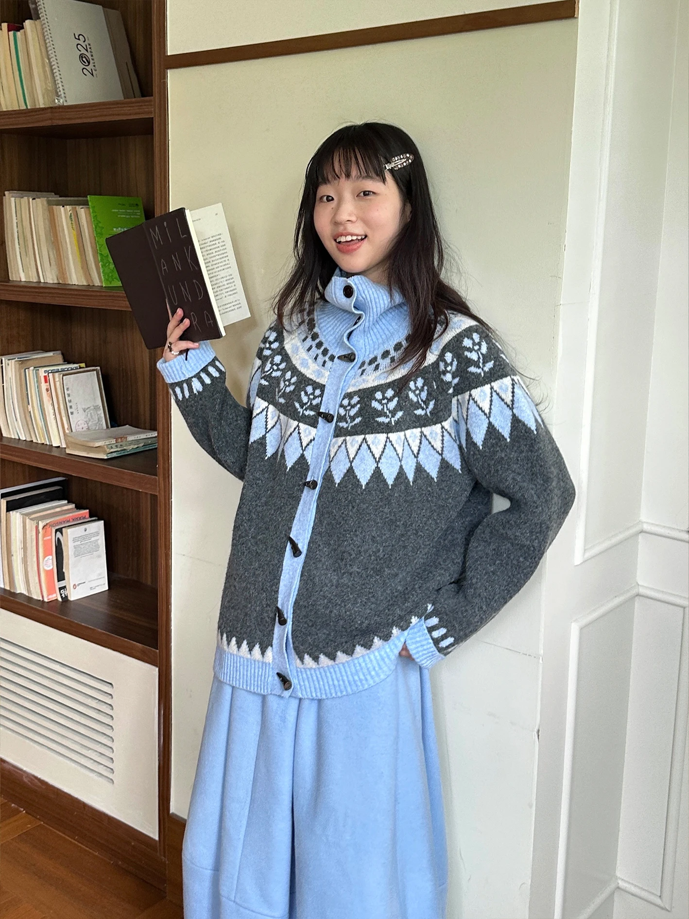 

Loose Knitted Fair Isle Sweater Coat Mist Wild ey Autumn Winter Women's Faion Casual Sle Long Sve f High Collar
