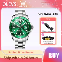 OLEVS Men's Watches Business Stainless Steel Strap Green Quartz Watch Waterproof Calendar Luminous High Quality Male Wristwatch