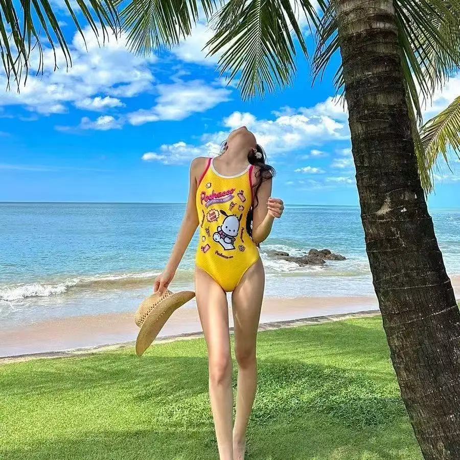 

Sanrio New Bikini Pochacco Conjoined Women Swimsuit Racing Major Sports Train Swim Cartoon Swimsuit Cute Girl Chest Pad Wireless