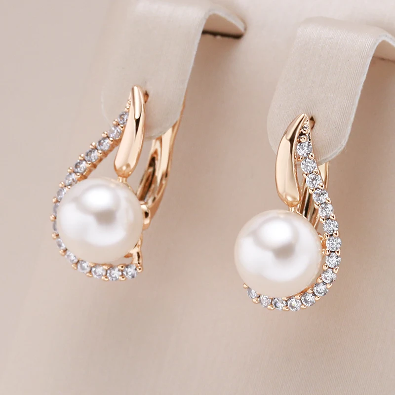 Kinel Luxury 585 Rose Gold Color English Earrings for Women Unique Geometric Pearl Earrings Bridal Wedding Jewelry 2023 New