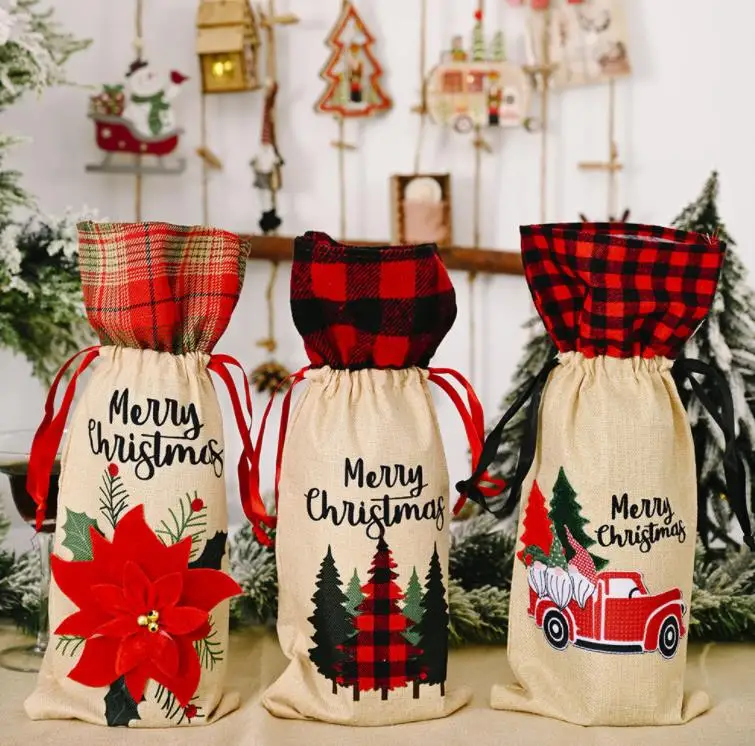 Xmas Decorations Linen Santa Claus Wine Bottle Cover Nordic Car Plaid Christmas Wine Bag Party Hanging Ornament SN4193