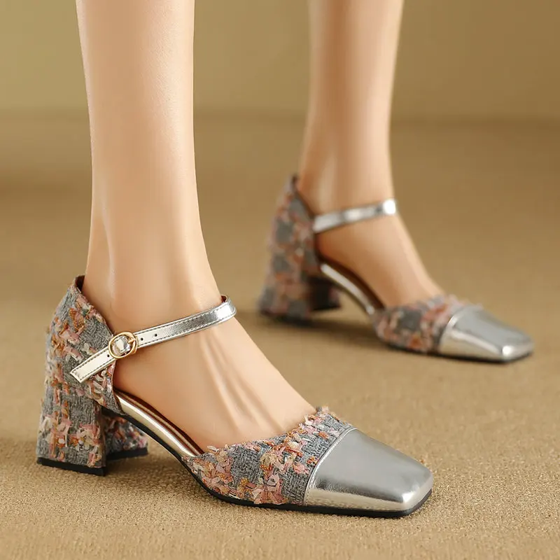 2024 New Women High Heel Shoes Thick Heel Square Toe Ladies Pumps PU Leather Buckle Dress Women Shoes Pink Silver Plush Size 45