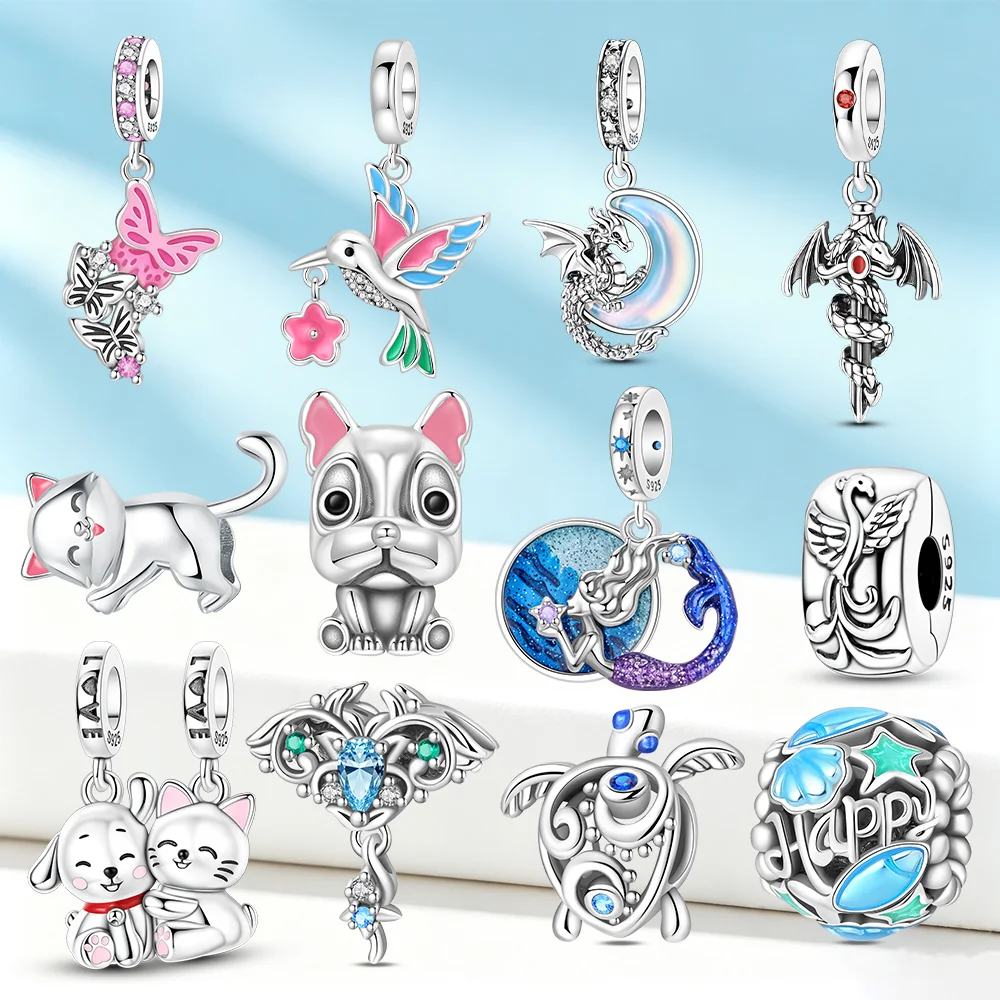 Meerjungfrau Drache Katze Hund Silber Charms Perlen Passend für Original Armband Tasche Schlüsselanhänger Ohrring Charm Perle Anhänger DIY Damen Schmuck Geschenk
