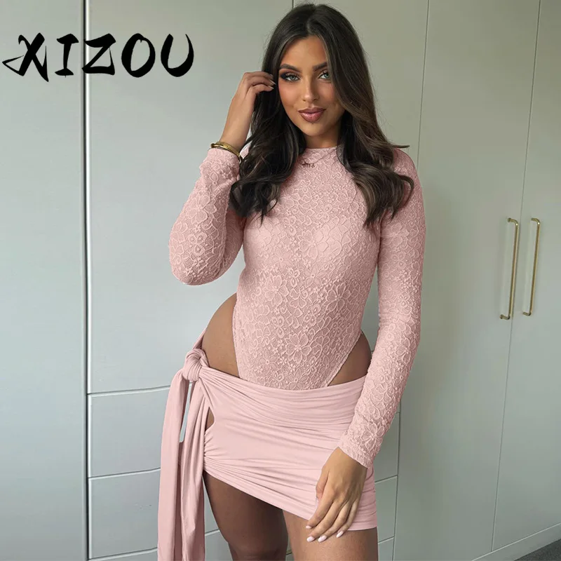 

XIZOU Кружевное мини-платье Комплекты из двух предметов Одежда для вечеринок Летнее боди Топ с длинными рукавами Сексуальное бандажное платье Элегантный комплект из 2 предметов Одежда