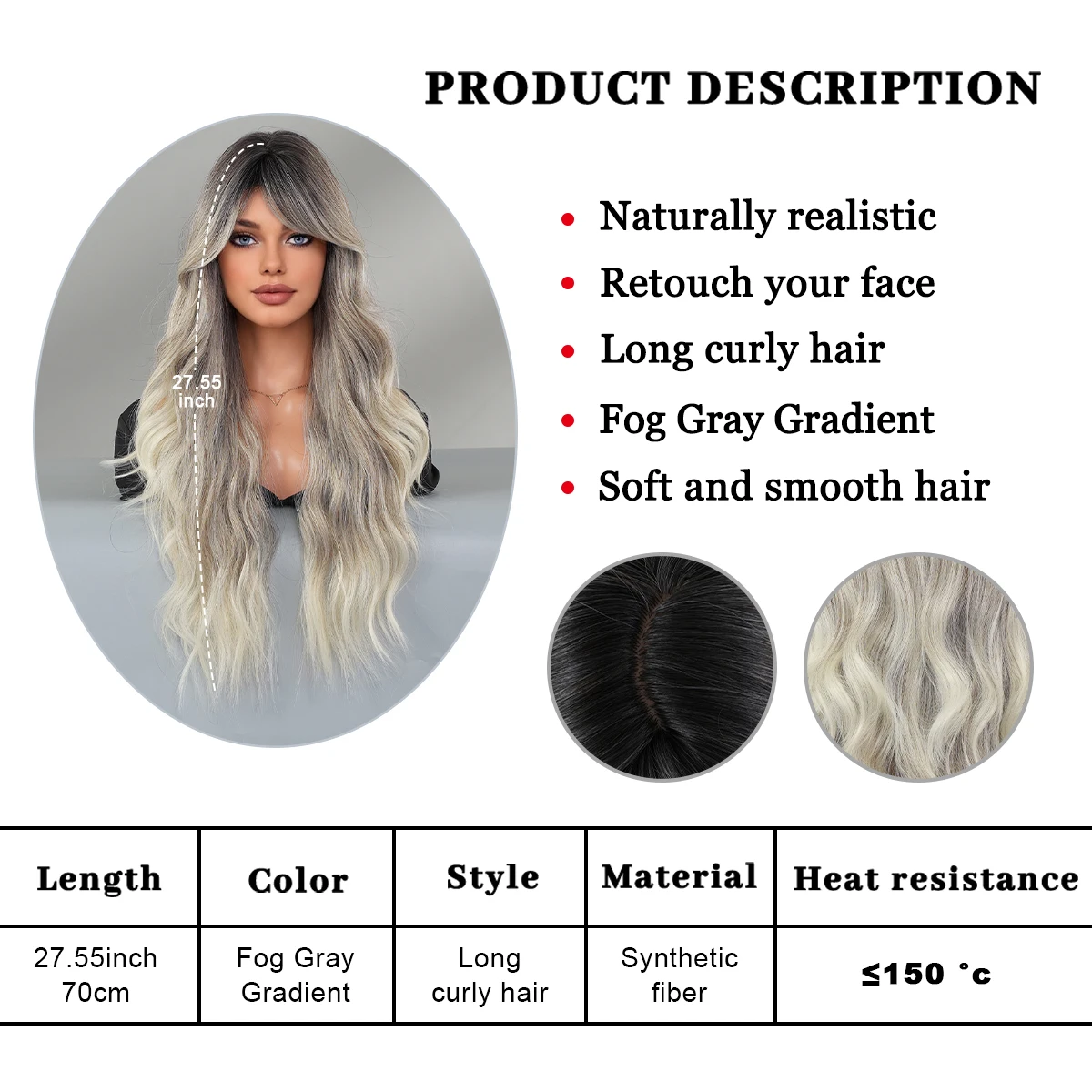 PARK YUN Heat Resistant Synthetic Natural Ash Wigs Dark Roots For Women Daily Use Loose Wave Gradient Beige Wig with Neat Bangs