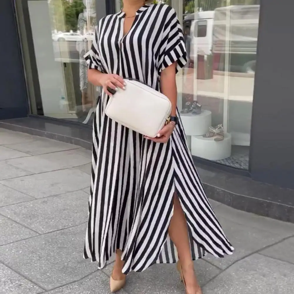 

Loose Cut Dress Women Loose Fit Dress Chic Striped Print Maxi Dress Stylish V Neck Loose A-line Fit Side Split Design for Summer