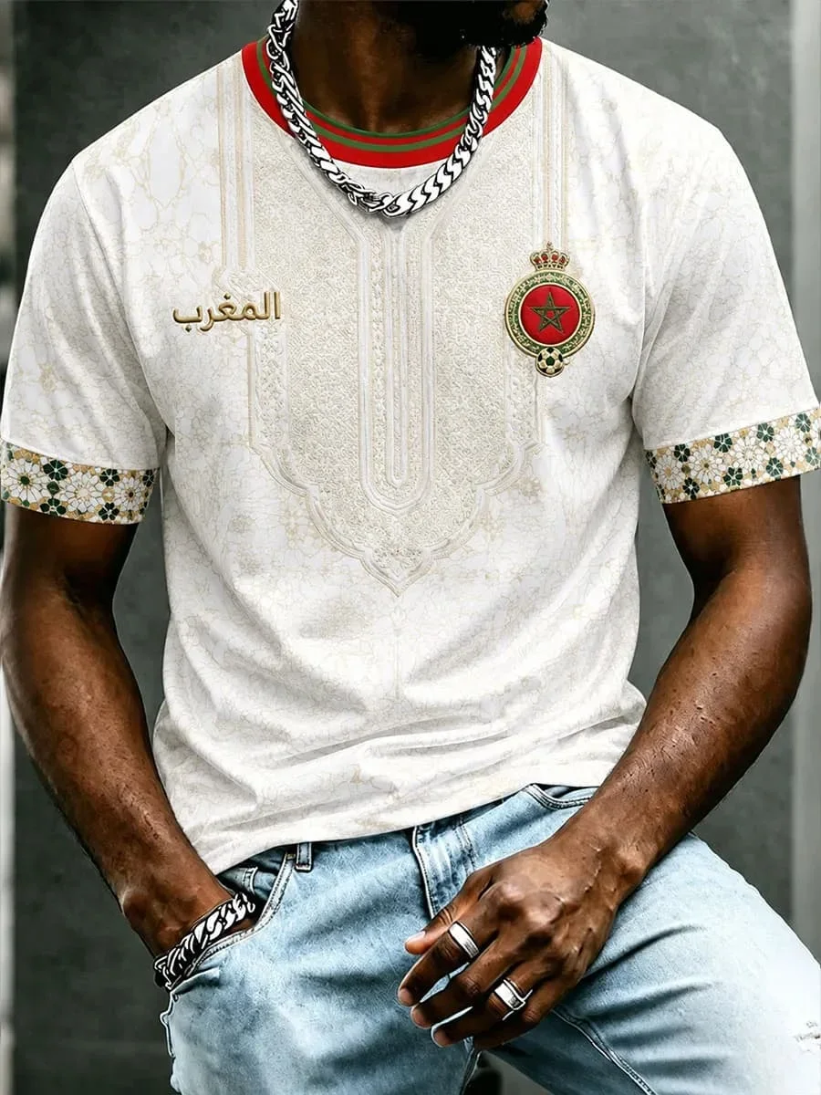 Herren 3D-Druck Marokko Fußball-Fan-T-Shirt, 2026 Fußball-inspiriertes Kurzarm-Trikot, Schnelltrocknendes Sport-Oberteil – Detail 4