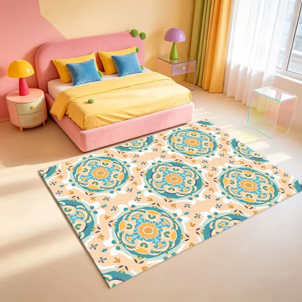 Peach-Colored Background with Teal and Yellow Gorgeous Pattern Carpet Flooring Bohemian Style Seamless Pattern Home Decor Carpet
