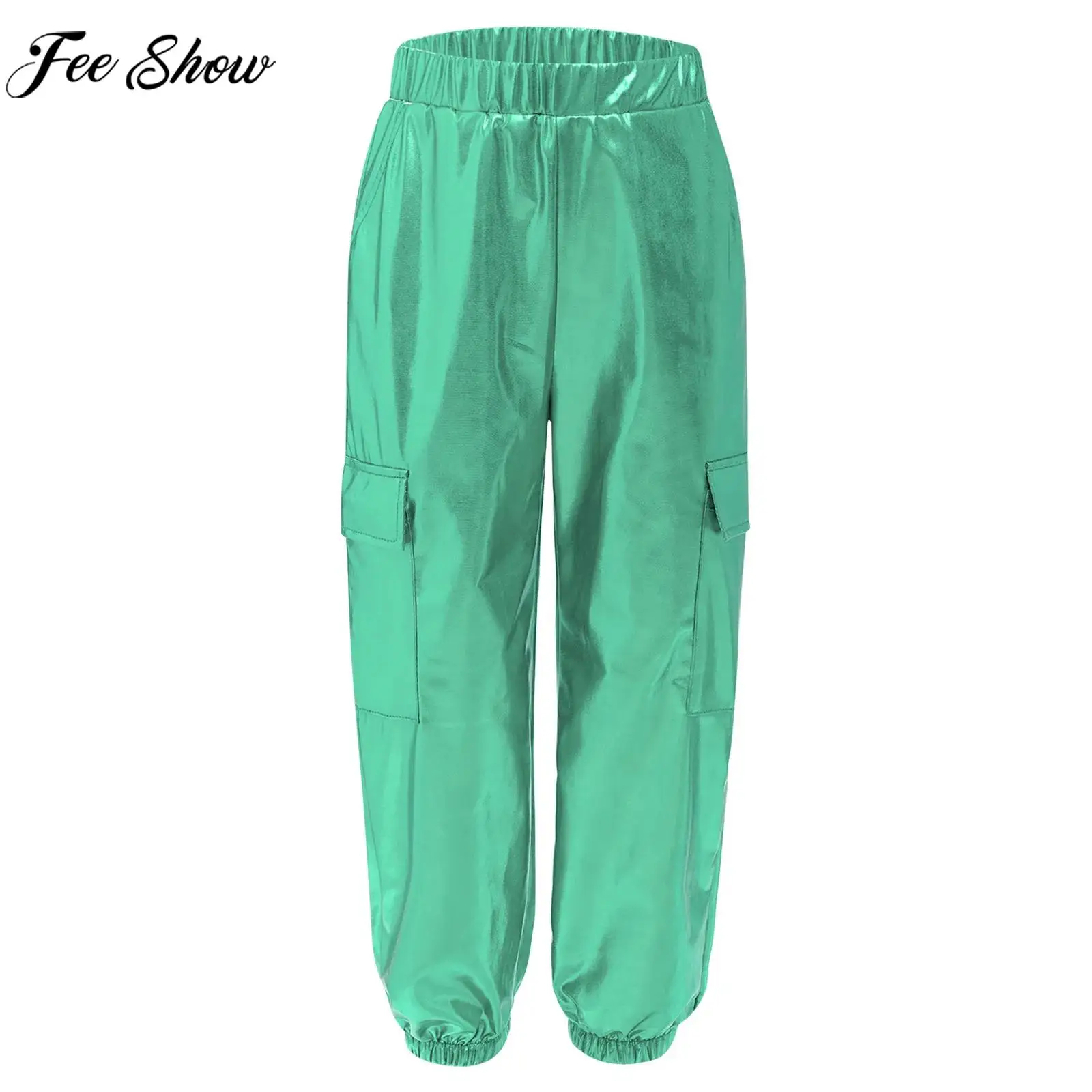 Boys Girls Hip Hop Jazz Street Dance Pants Fashion Metallic Shiny Elastic Waistband Trouser Skateboarding Performance Costume