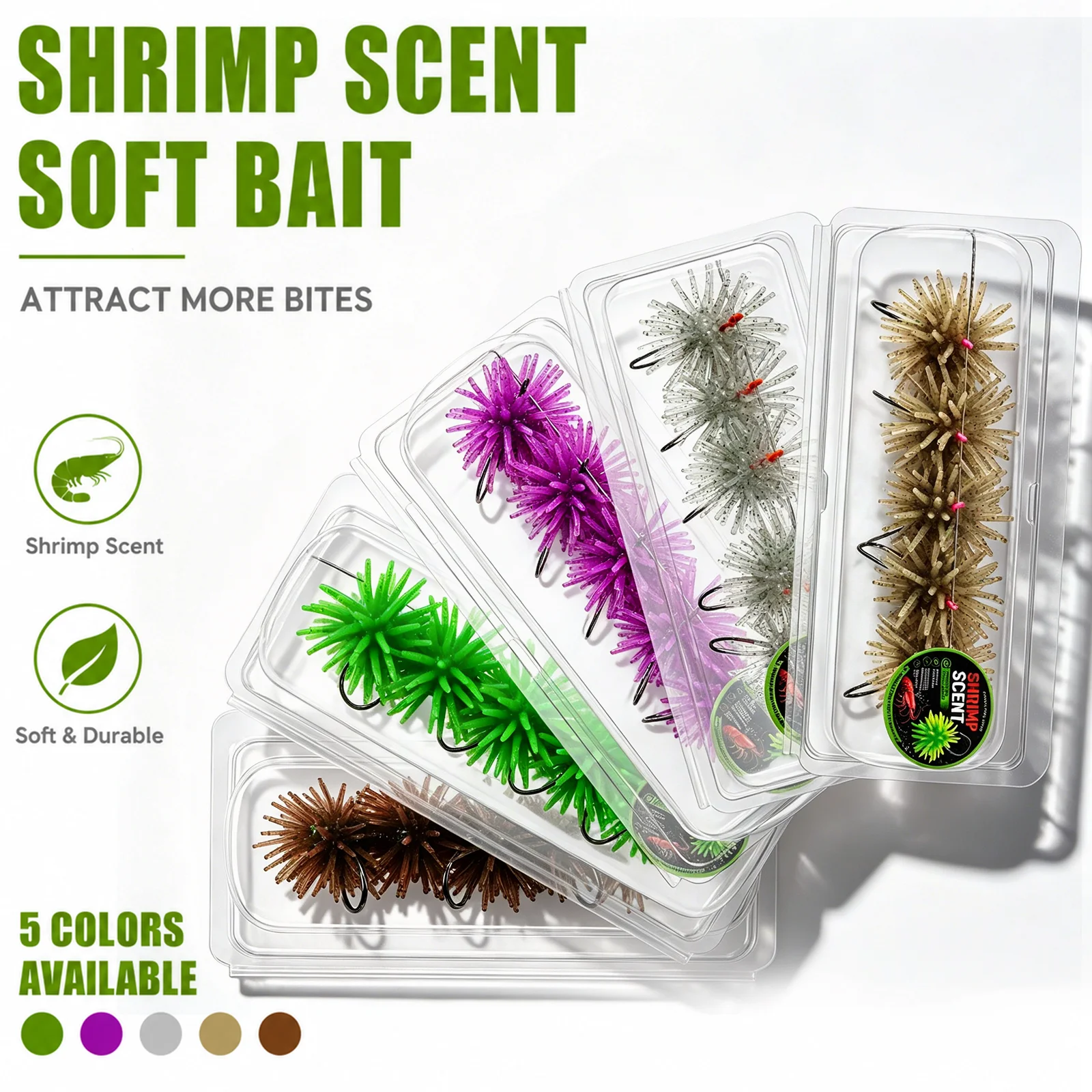 Two sizes, five colors, soft material, soft, high tensile strength and wear resistance, unique smell, quickly attracts underwate