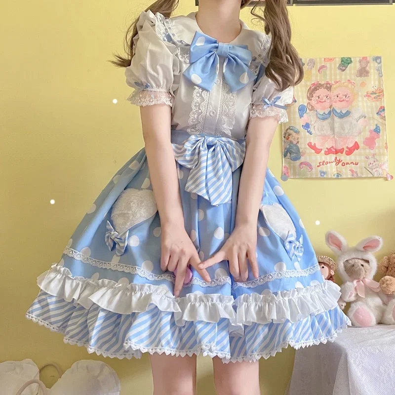 

2025 Sweet Jsk Lolita Dress Summer Japanese Bow Dots Ruffle Baby Doll Spaghetti Strap Dresses Women Fashion Kawaii Cute Clothing