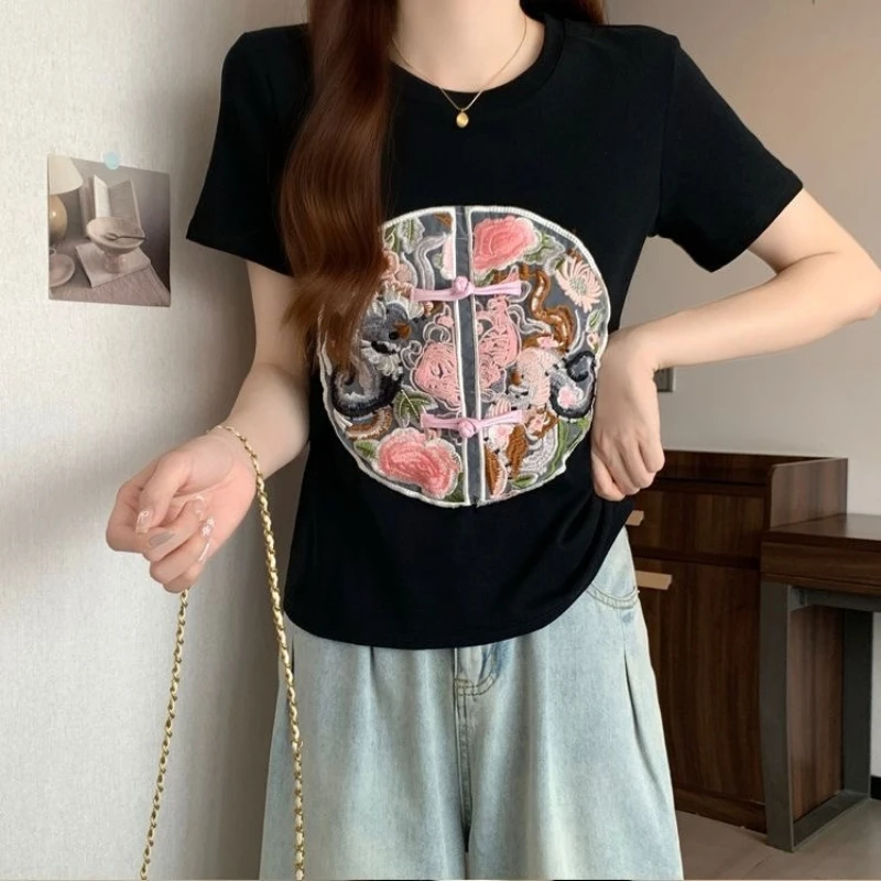 Chinese Style Geometric Crop Tops Women T-shirt Loose Short Sleeve Basic Summer Clothes Embroidery Tops Woman O-neck Cotton Tees