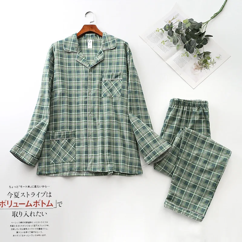

Cotton Jersey Men Stripes Plaid Nightwear Long Shirt&pants with Pocket 2Pcs Pajamas Set Turn Down Collar Home Clothing Sleepwear