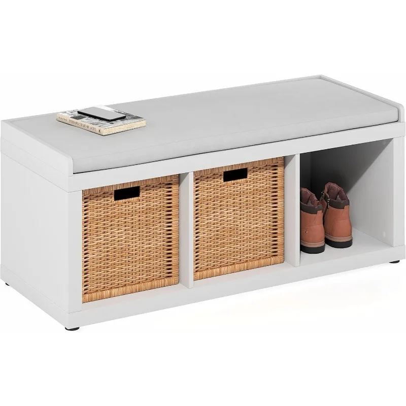 

Cubicle 3-Cube Storage Bench with Comfy Cushion for Entryway, Living Room, White