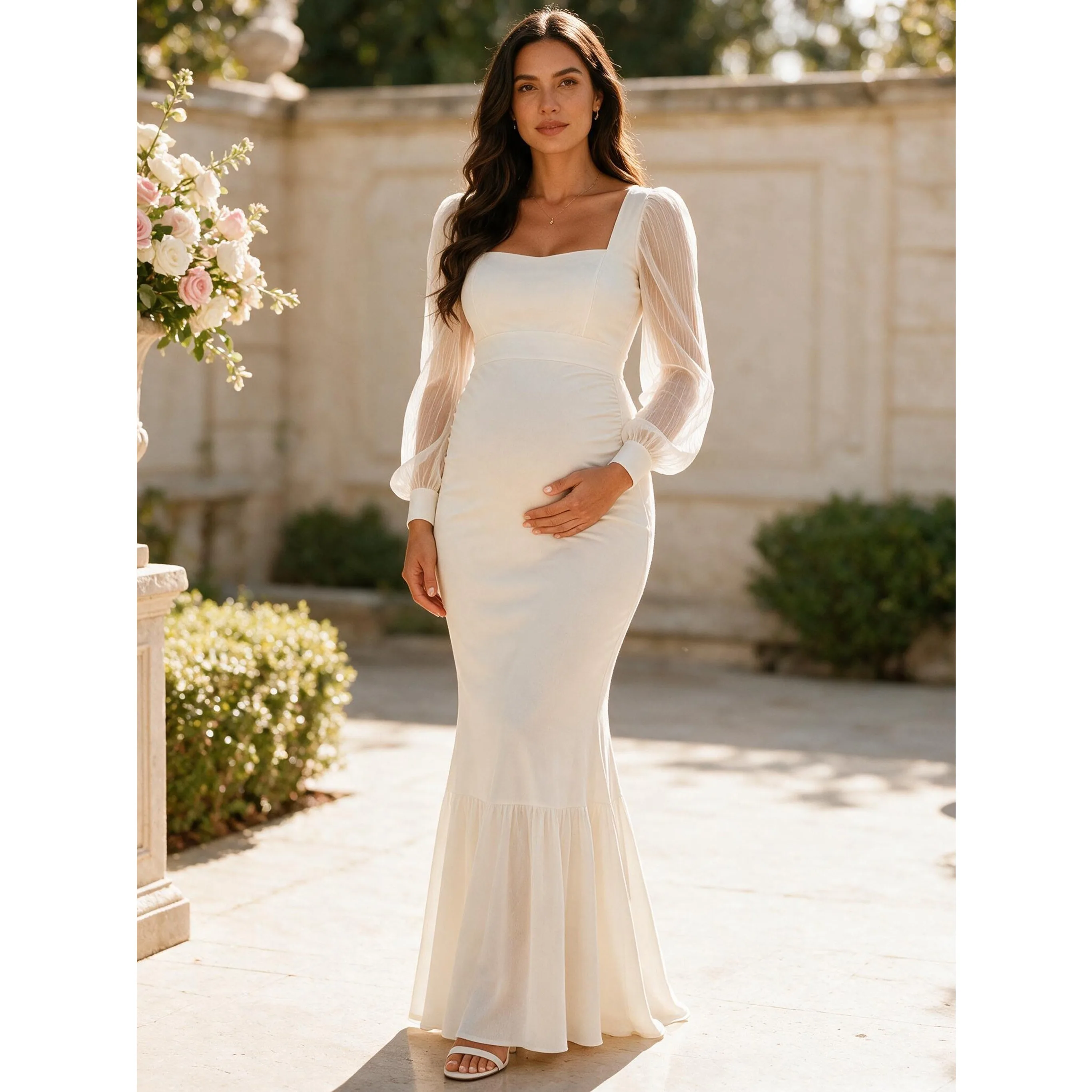 Ivory Square Neck Maternity Dress for Baby Shower Pregnancy Dress Photo Shoot
