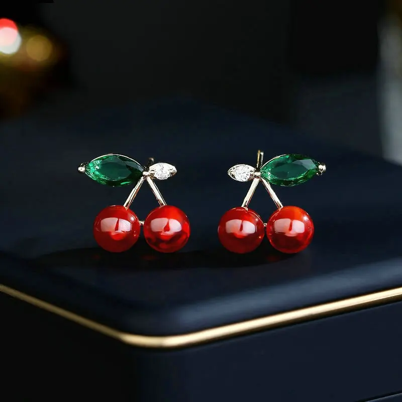 

Premium girl simple and fresh temperament red cherry stud earrings