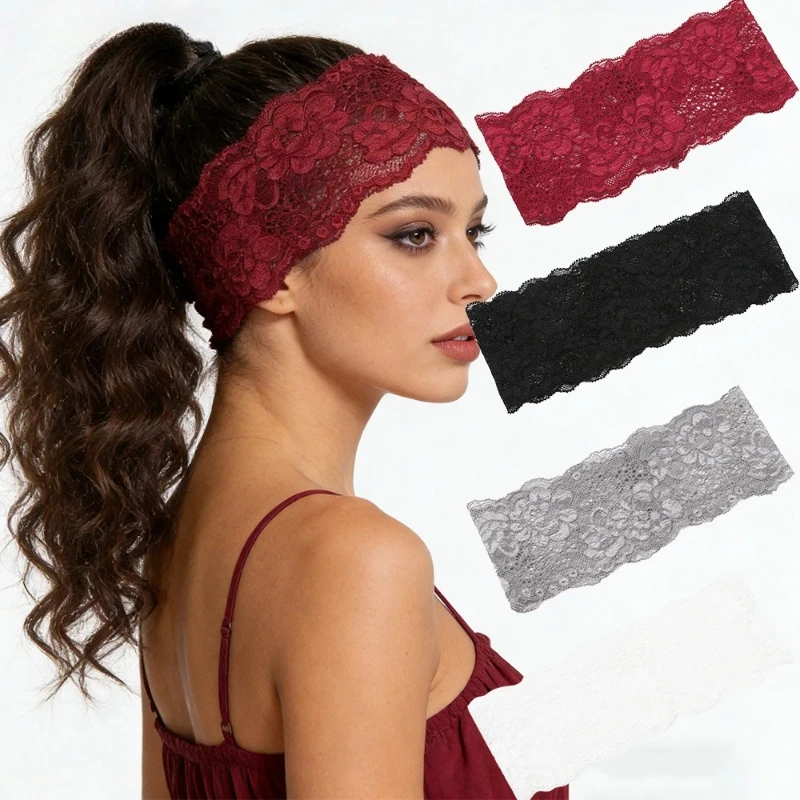 

Solid Color Lace Elastic Headbands Fashion Fabric Bow Wide Headband Hair Accessories for Women Party Headwear