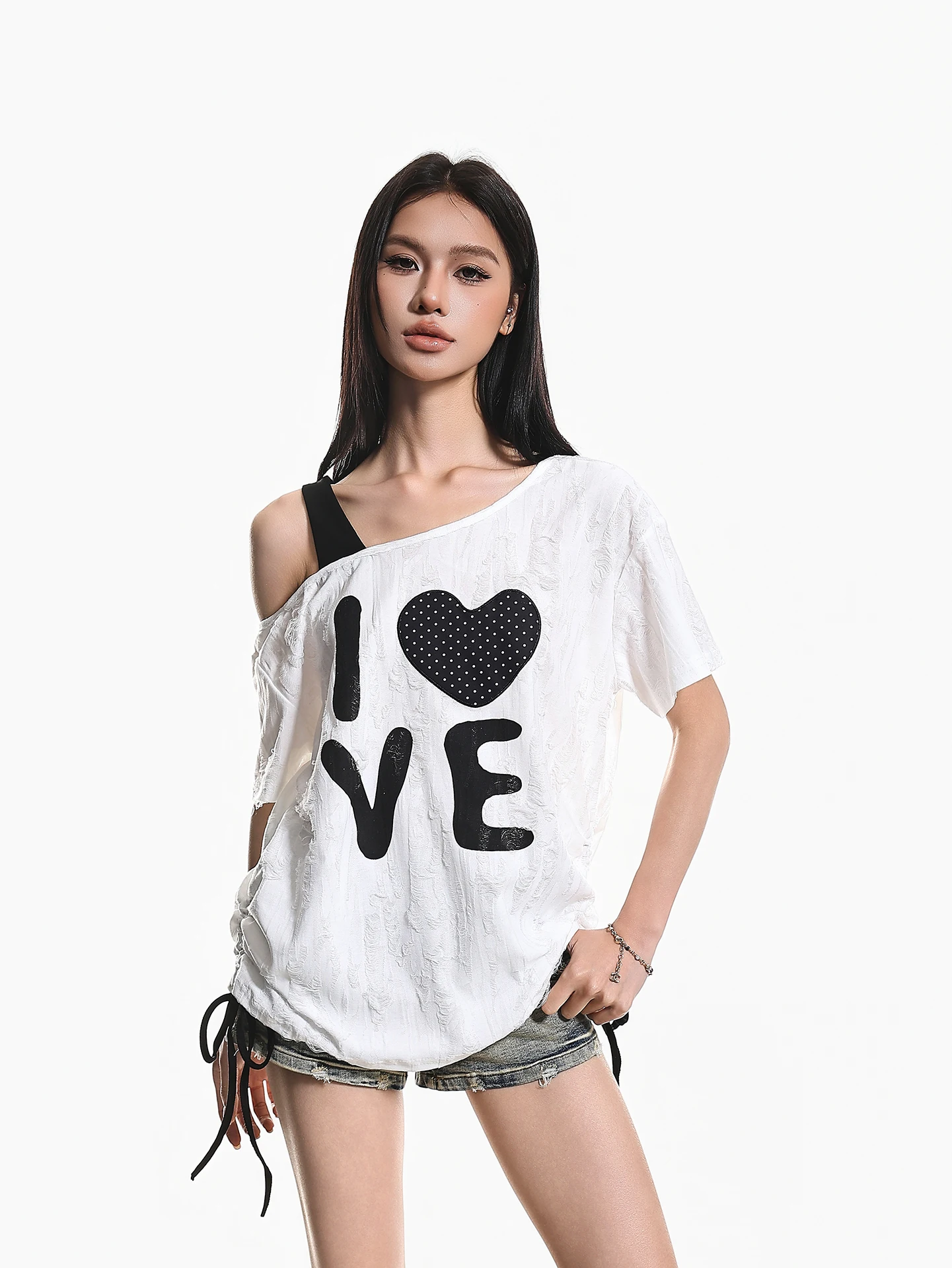 

Женская летняя свободная футболка в американском ретро-стиле с принтом, вырезами и завязками на плечах, с коротким рукавом, для уличного стиля