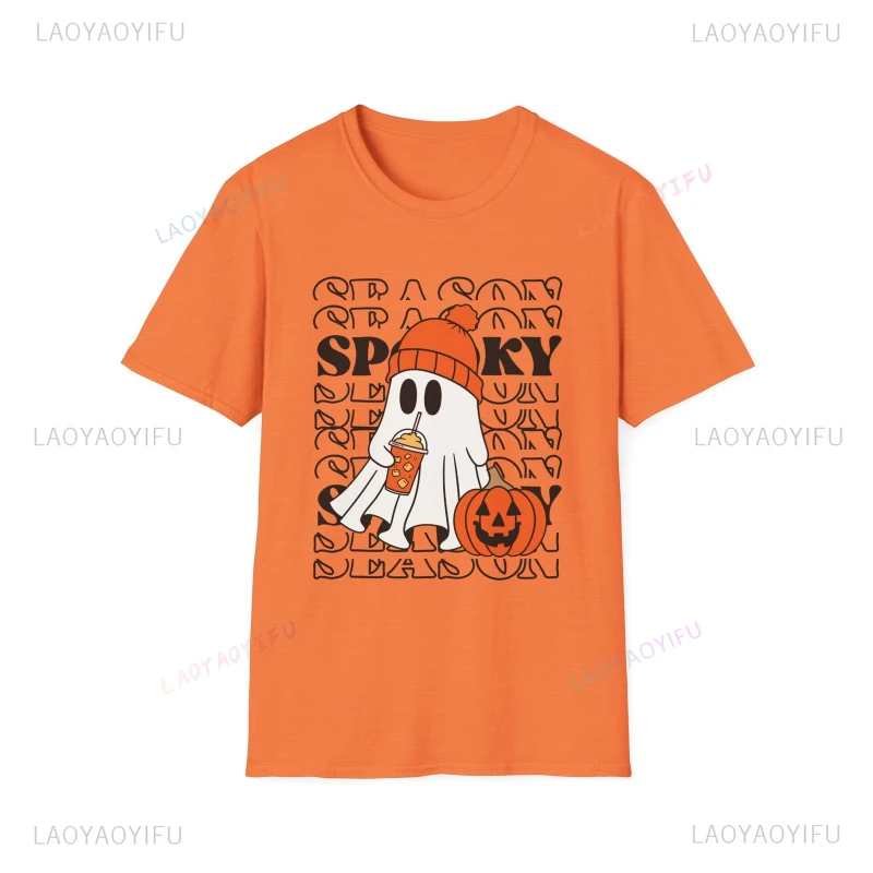 

Забавная футболка Spooky Season Ghost Drink Pumpkin, футболка с рисунком на Хэллоуин, осенняя хлопковая рубашка, модная свободная рубашка с короткими рукавами