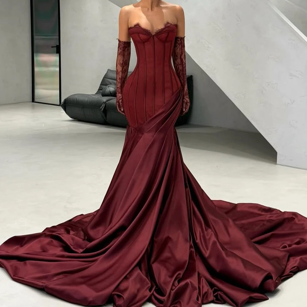 

Customized Mermaid Evening Dresses Floor-length Strapless Full Sleeve Prom Gown Fashion Lace Pleat Simple Draped Party Gown
