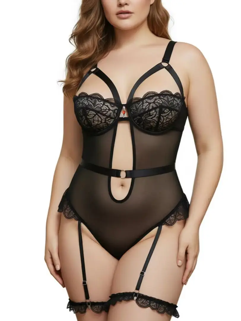 

Black Lace Bodysuit Lingerie, Sheer Mesh Underwire Teddy with Garter Straps, Sexy Hollow Out Lingerie for Women
