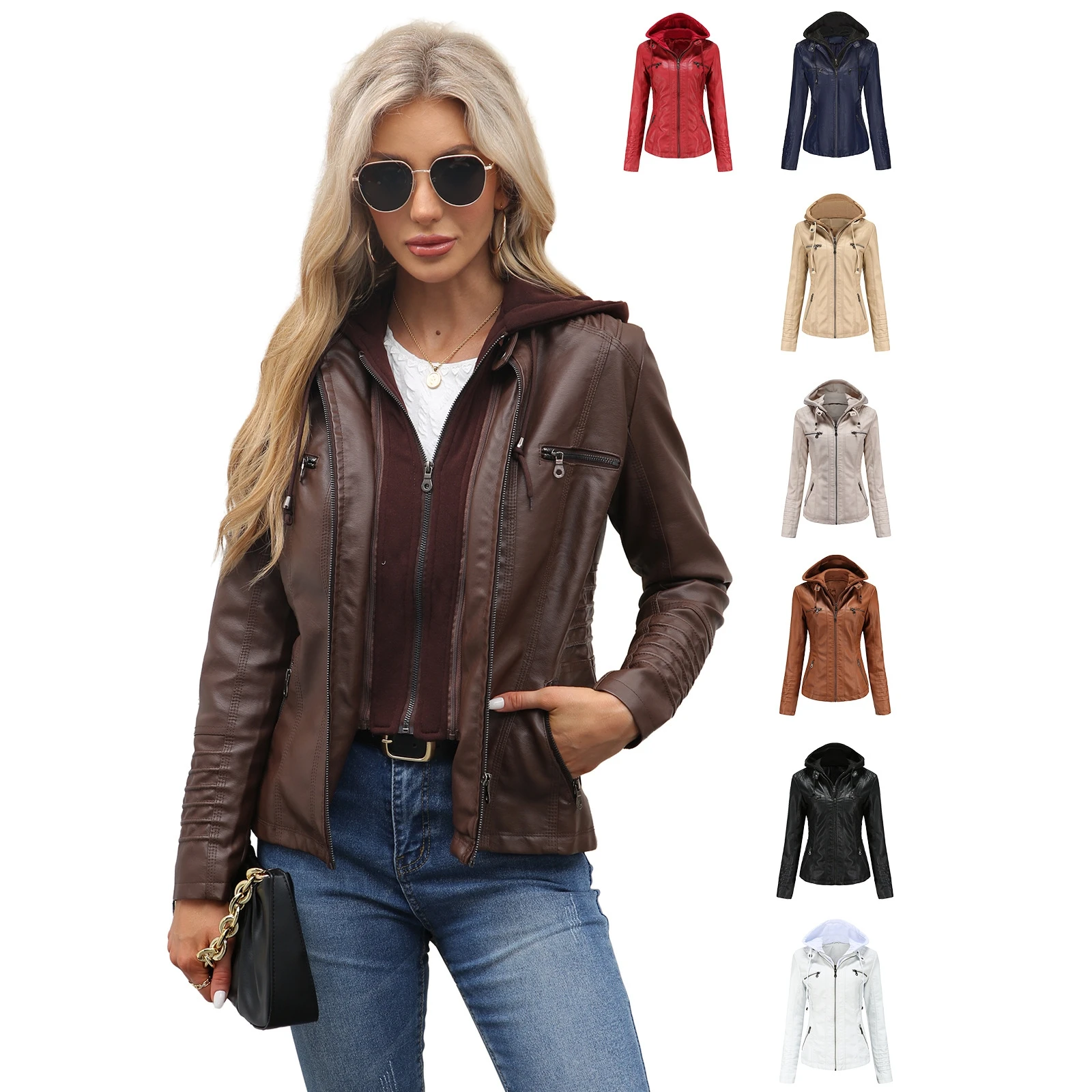 ربيع الخريف المرأة مقنعين Jaet معطف مجموعة انفصال حجم كبير بولي Leather الجلود Waed ملابس خارجية طويلة Sve سستة إغلاق