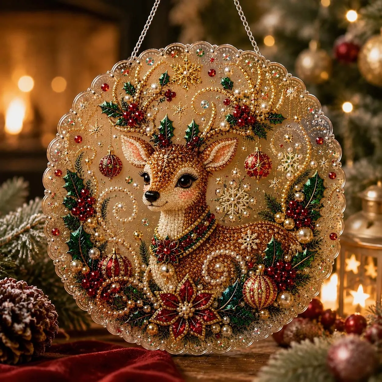 Christmas Pearl Diamond Painting Suncatcher Kit DIY Round Hanging Ornament Acrylic Board Xmas Window Home Decor Craft Supplies - view 2