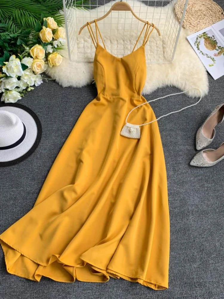 Summer Beach Long Dress Women Sexy Cross Strap Backless Solid Evening Party Dresses Ladies Sleeveless Summer Boho Long Robe