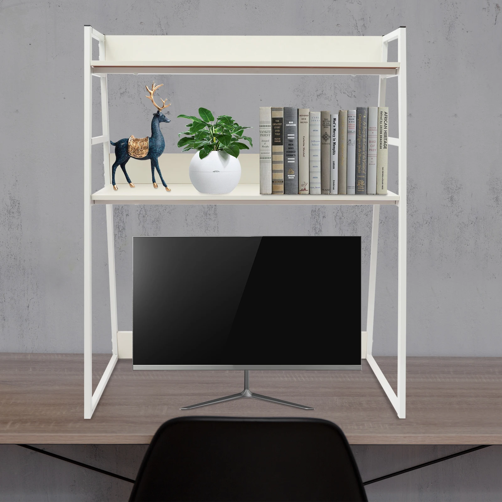 White MDF Wrought Iron 75x32x90cm Trapezoidal Desktop Bookshelf Double-layer Large-capacity Storage Desktop Shelf
