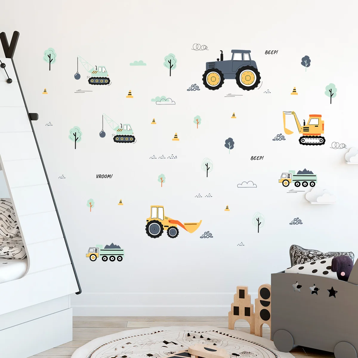 1PC Cartoon Excavator Crane Dump Truck Tree Wall Stickers for Waterproof PVC Kids Room Kindergarten Home Decoration