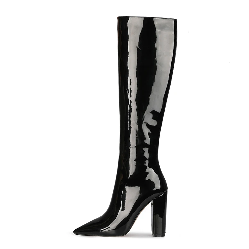 

Arden Furtado Autumn Cow patent leather Pointed to Side zipper Super high heel Modern boots Extra large size Knee high boots