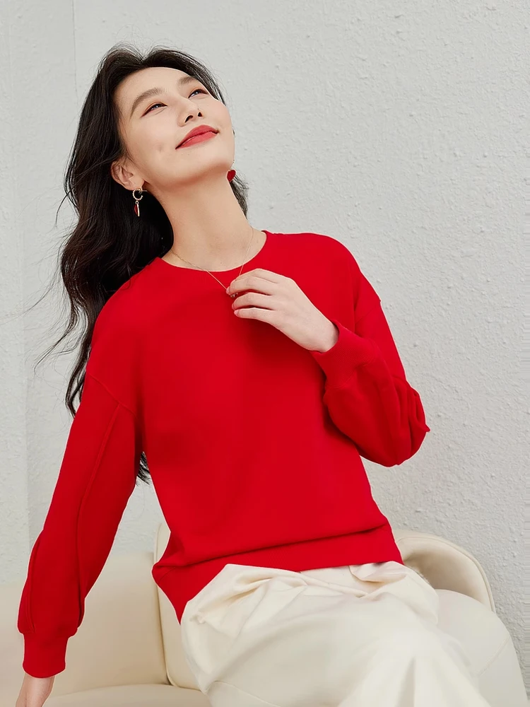 Vimly Red Women Sweatshirts 2024 Spring O-neck Solid Pullovers Casual Loose Long Sleeve Cotton Top for Woman Clothing M6090