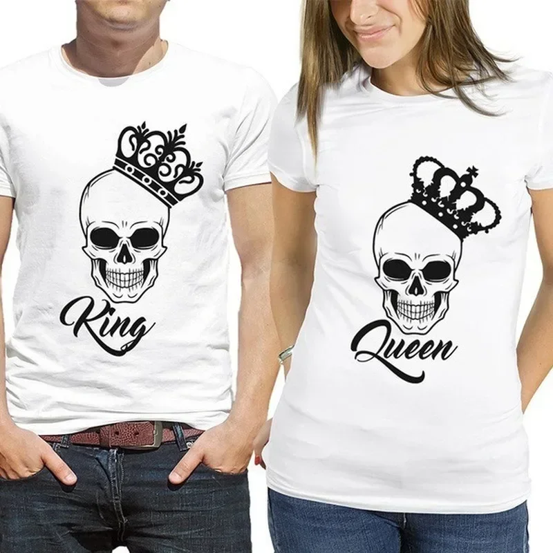 2024 King Queen Couples T Shirt Skull Crown Printing Couple Clothes Summer T-shirt Women Man Casual O-neck Tops Lovers Tee Shirt